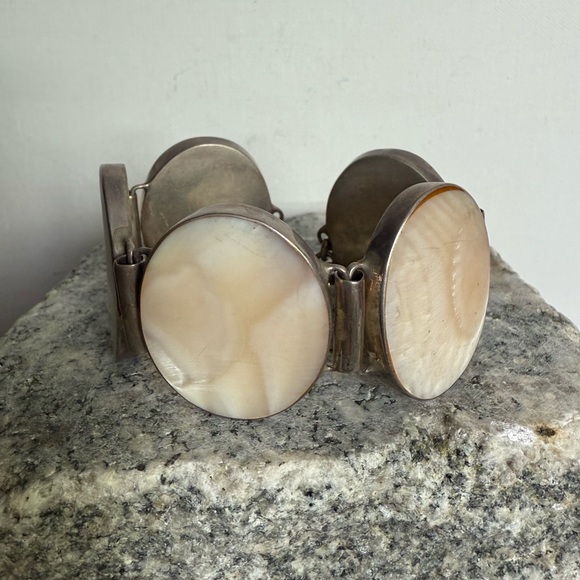 Vintage Mother of Pearl and Sterling Panel Statement Bracelet - Picture 7 of 15